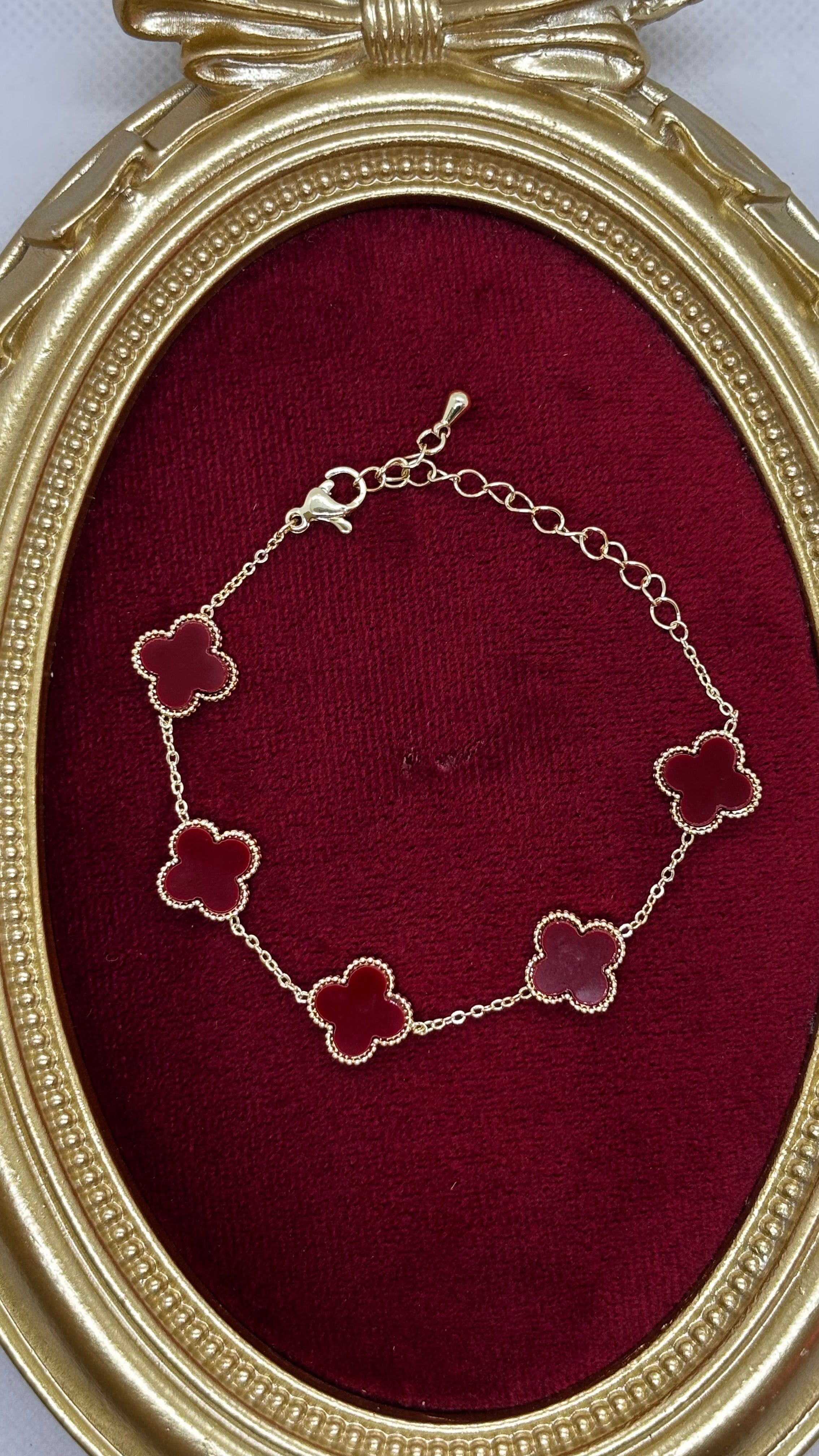 14K Altın Kaplama Gold-Bordo Yonca Bileklik