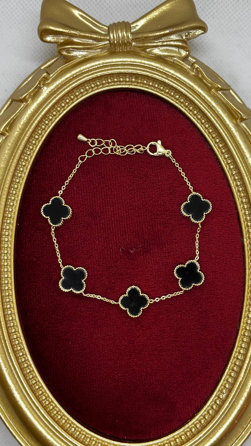 14k Altın Kaplama Gold-Siyah Yonca Bileklik