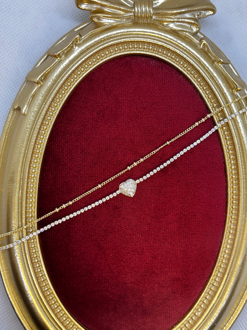 14k çift zincir Kalp detaylı Taşlı bileklik