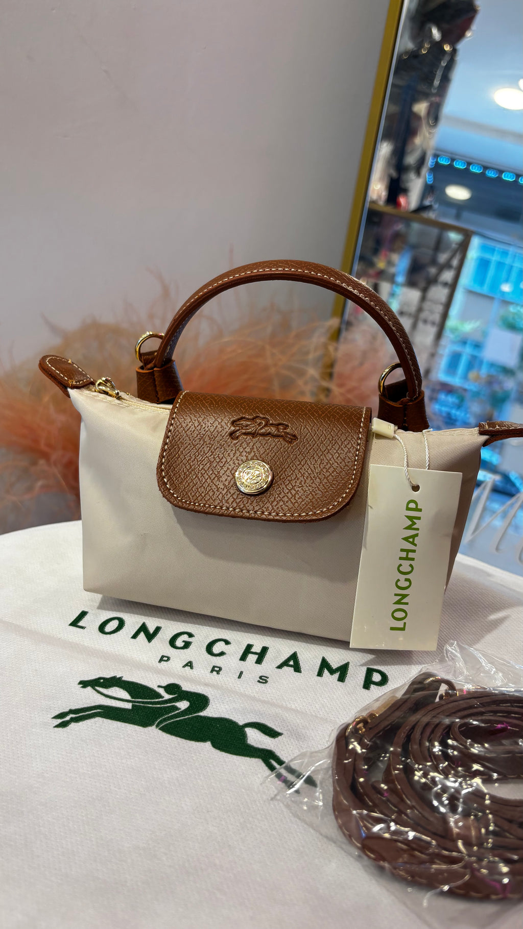 Longchamp Krem-Kahverengi Mini Çanta